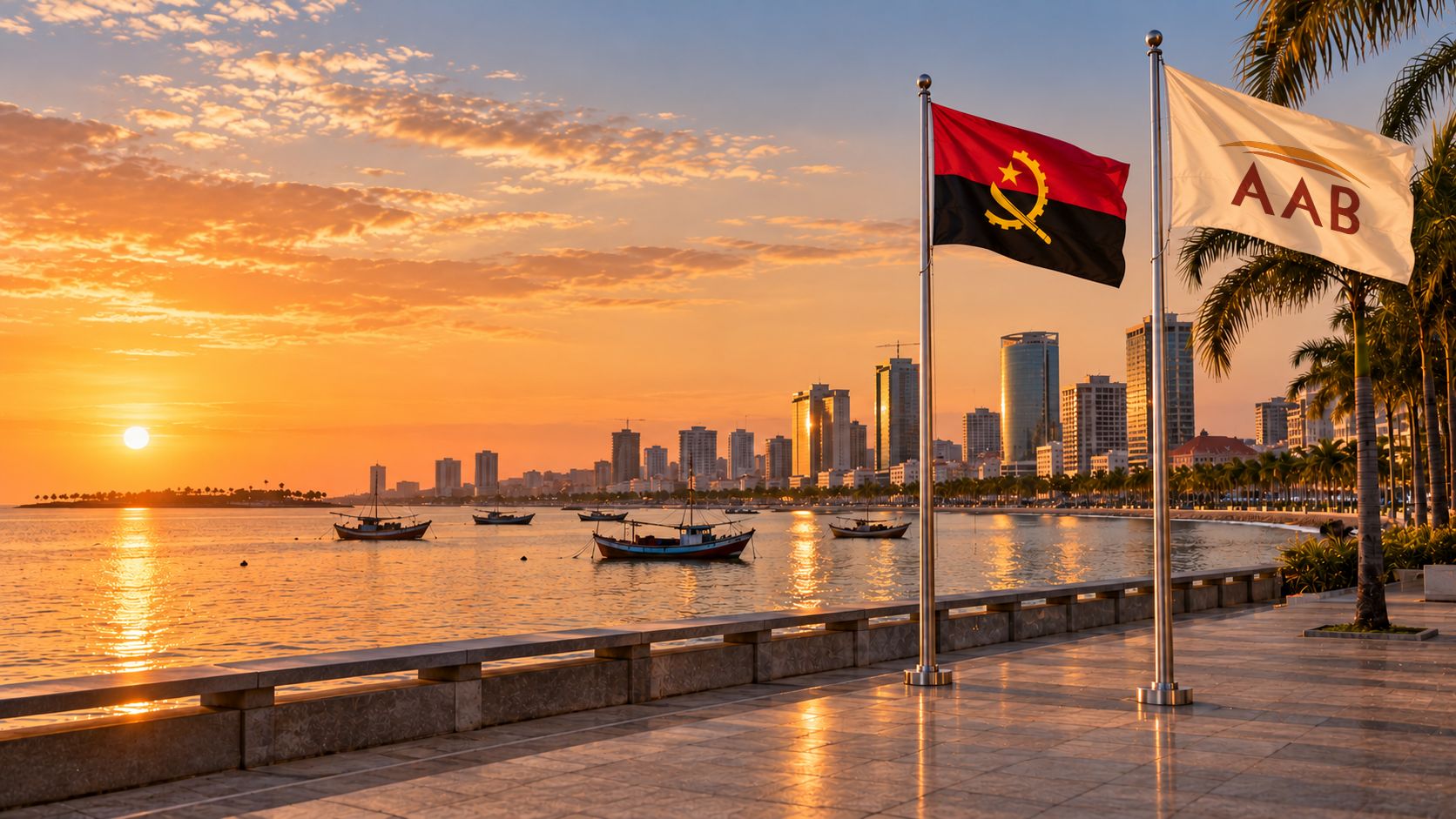 Conceptual image of Luanda’s seafront at sunset, with the flags of Angola and AAB.